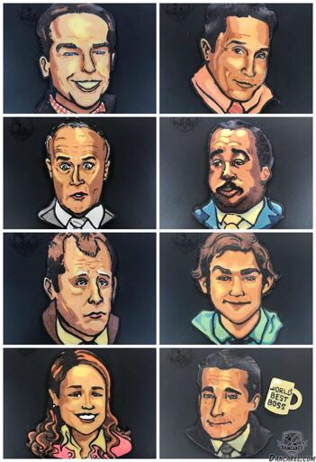 Andy, Oscar, Creed, Stanley, Toby, Jim, Pam, and Michael from NBC's The Office as Pancake Art