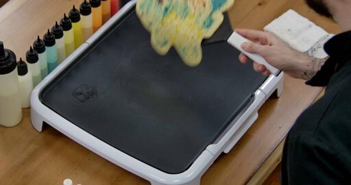 Squirtle Pancake Art step 8.2: ...turn it over all at once...