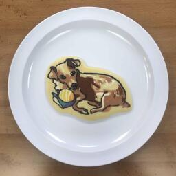 Dog with whale plushie pancake art