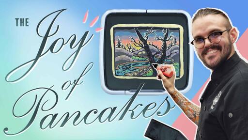 A graphic featuring the artist, Dan, faux-illustrating a beautiful piece of pancake art that depict a snowy landscape. The image reads 