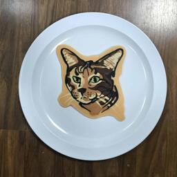 An image of a pancake drawn in the shape of a handsme cat