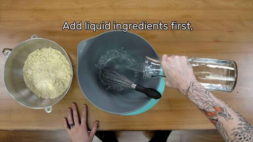 This image shows the water being added to a mixing bowl first, and says