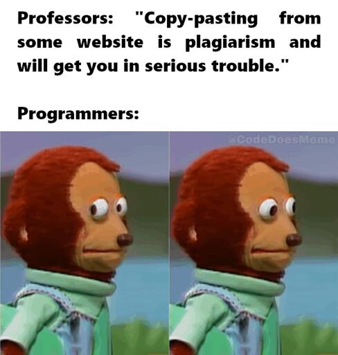 A programming meme describing the awkwardness of college professors saying not to plagiarize when programmers are constantly copying and pasting code.