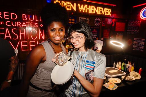Posing with a Pancake at Red Bull Fashion Week